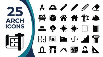 Naklejka premium A collection of 25 architectural icons and design tools is displayed.