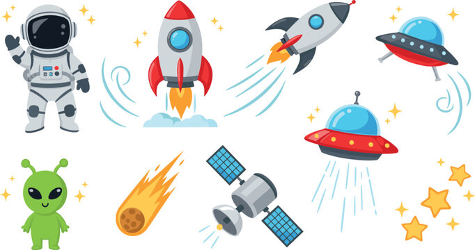 Cute space cartoon collection with astronaut rocket UFO alien satellite meteor and stars sci fi vector illustration set