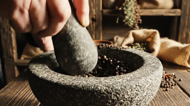 Close up of hand grinding spices in mortar and pestle on wooden surface