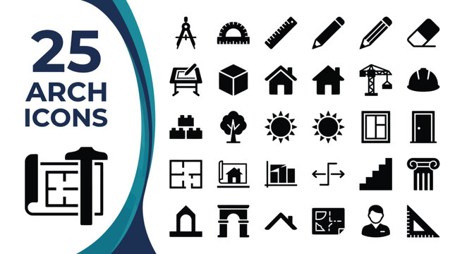 A collection of 25 architectural icons and design tools is displayed.