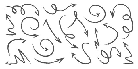 Arrow drawn hand vector line icon set. Hand drawn brush chalk stroke arrow curve, thin pencil scribble shape with vintage charcoal crayon texture. Doodle up down arrow symbol. Vector illustration