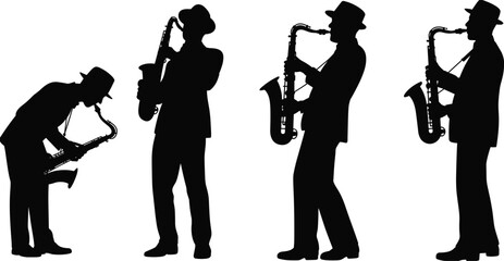 Naklejka premium Black silhouette of a professional male jazz musician wearing a hat and suit playing the saxophone in four different standing poses on white background.