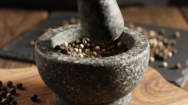 Close up of pepper grinding in a mortar and pestle with fresh spices