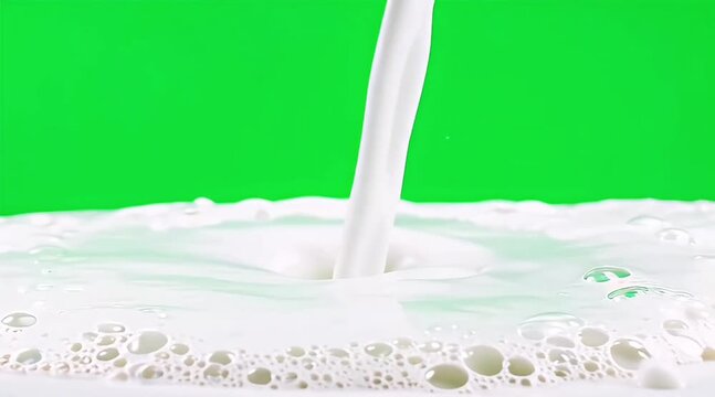 Continuous milk stream creating bubbly splash on green screen background