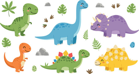 Cute Cartoon Dinosaur Vector Collection Featuring Tyrannosaurus, Brachiosaurus, Triceratops, Stegosaurus, Ankylosaurus and Baby Dinosaurs with Tropical Leaves, Rocks and Prehistoric Nature Elements. © MstSuborna