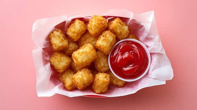 Crispy golden tater tots served with ketchup on a paper tray