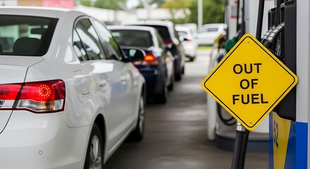 Cars Lined Up at a Gas Station with an Out of Fuel Sign