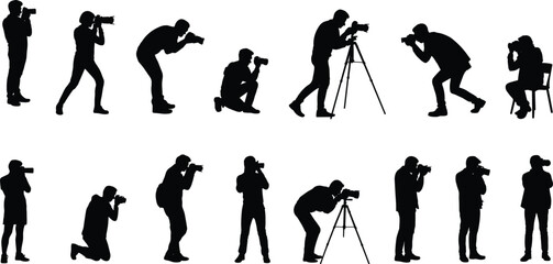 Fototapeta premium Professional photographer silhouettes collection featuring men and women taking photos with digital cameras and tripods in various standing, kneeling, and sitting poses for creative projects.