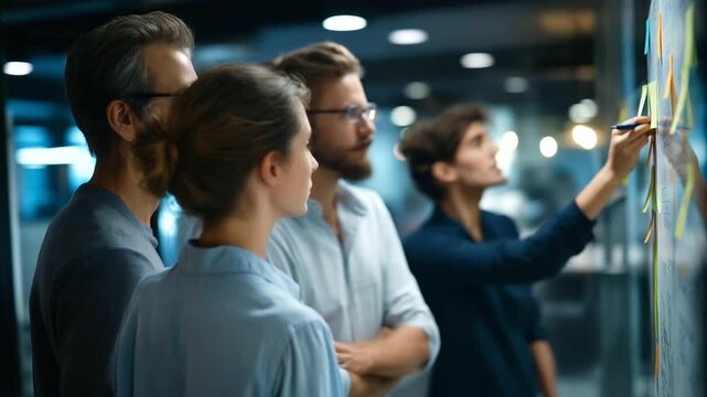 Creative business meeting brainstorming ideas sharing, team of marketing business staff standing and discussing solutions for new project, startup business ideas concept, faceless