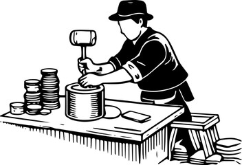 Vintage Coin Stacking Merchant Illustration &ndash; Traditional Market Vendor Counting Money at Old Trading Stall Hand Drawn Black and White