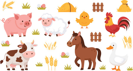Obraz premium Cute Barnyard Farm Animals Vector Set Featuring Pig, Sheep, Cow, Horse, Rooster, Duck and Chick with Wheat, Hay, Fence and Rural Elements.