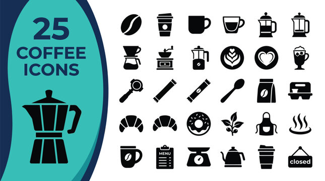 A collection of 25 black icons related to coffee and cafe culture.