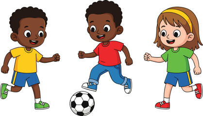 Happy diverse children playing soccer together, cute cartoon boys and girl kicking football, active kids teamwork game, playground fun, childhood friendship illustration isolated