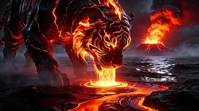 Flaming tiger in lava by volcano