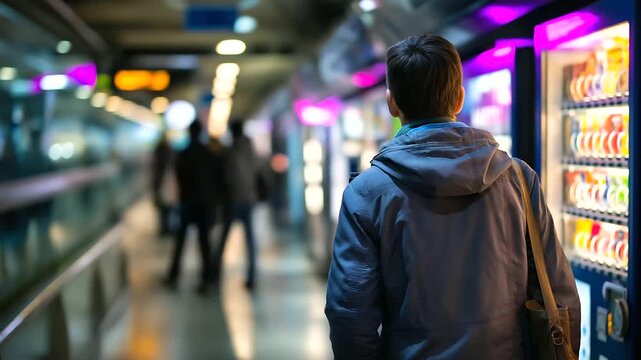 Person walking through vibrant subway station filled with vending machines, underground transit convenience, urban commuter scene, automated retail corridor, metro station