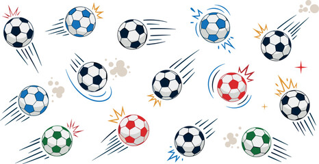 Dynamic flying soccer balls with motion lines and impact effects football sport vector illustration collection set © Vector Design Hub
