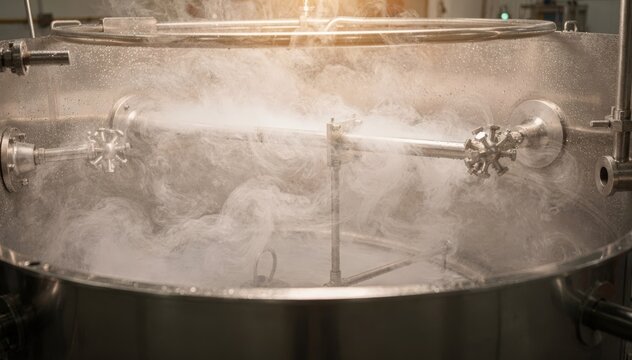 Medium shot showing steam sanitizing stage in CIP tank cleaning with vapor filling mixing vessel to sterilize surfaces and guarantee contaminationfree operation.