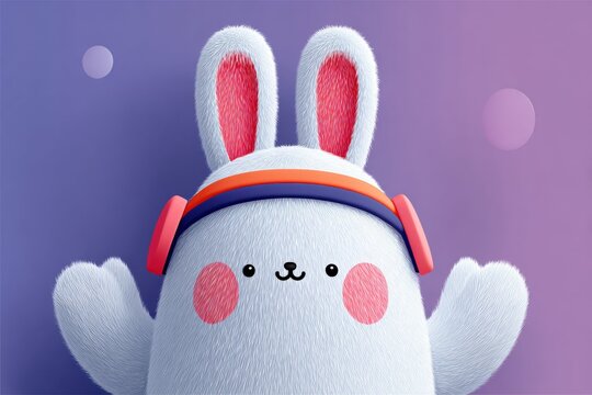 A stuffed rabbit with a pink hat and a purple background