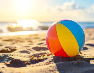 Obraz premium Beach ball on the sandy shore, bright summer day. AI
