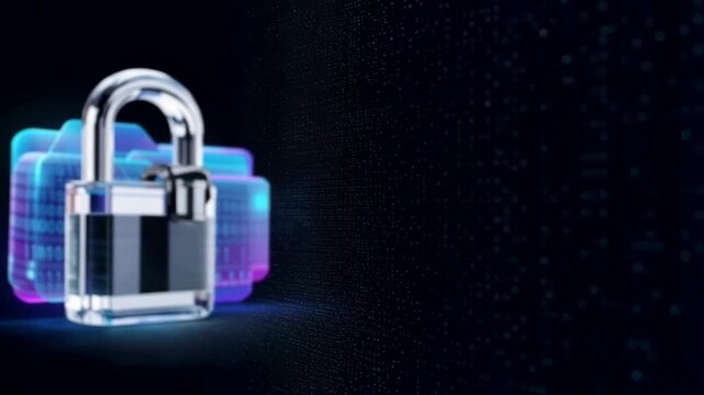 Transparent Glass Padlock with Glowing Digital Folders and Binary Code Background