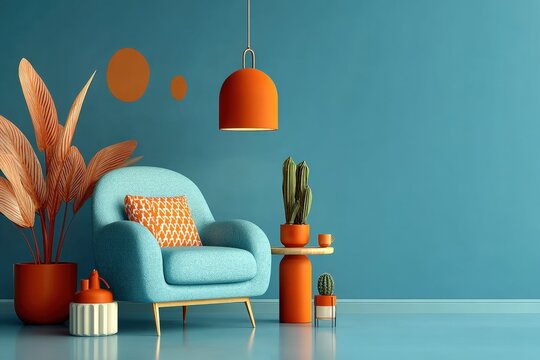 A blue room with a blue couch and a plant