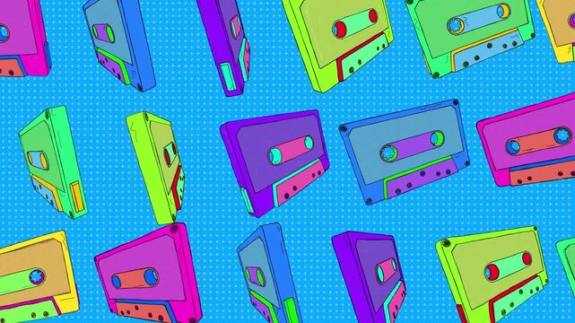 A fun background of illustrated retro cassette tapes that spin on an endless loop.

