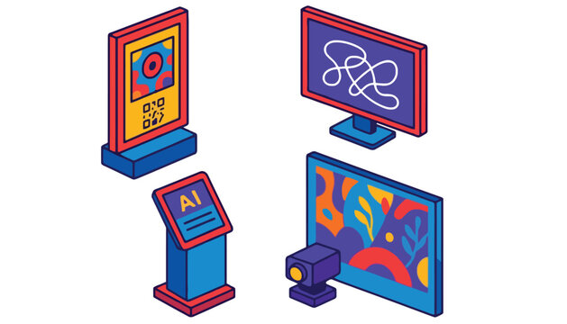 Computer monitor vector illustration with colorful screens and AI technology