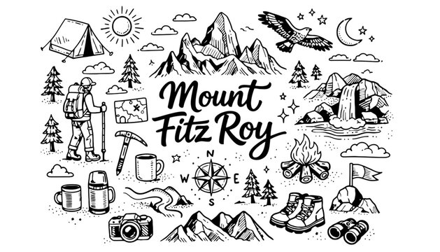 Mount Fitz Roy illustration with various hiking and camping icons