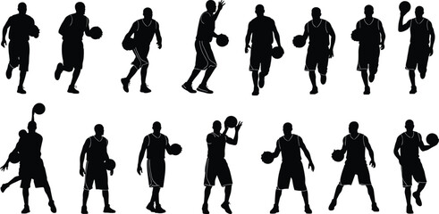Collection of basketball player silhouettes in various action poses like dribbling and shooting isolated on white background for sports design projects © Moshraful
