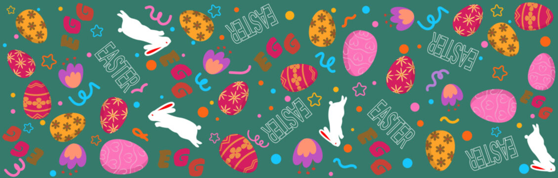 Bright festive Easter pattern featuring decorated eggs, jumping rabbits, flowers and playful shapes on a green background. Perfect for spring designs and holiday themes.