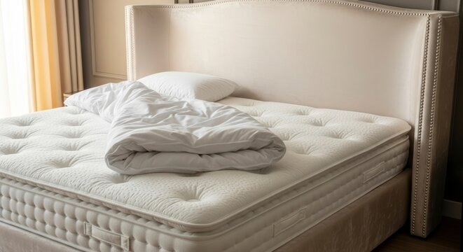 Comfortable bed with soft bedding in bright bedroom interior