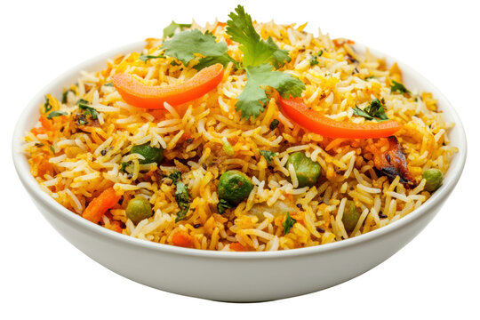 Colorful Vegetable Pilaf Rice Bowl With Carrots Peas Coriander And Spices In White Dish, Isolated On Png Transparent Background
