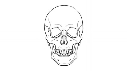 Obraz premium Detailed human skull illustration in black and white with facial bones and teeth on display Line art