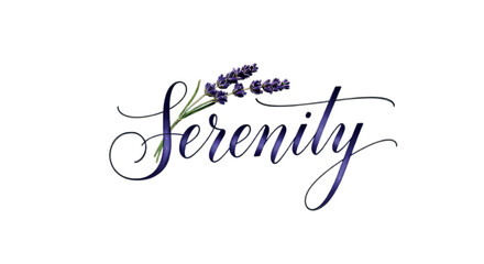 Obraz premium Elegant calligraphy spelling 'Serenity' adorned with delicate lavender sprigs.