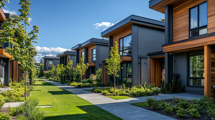 Obraz premium Modern residential neighborhood with contemporary townhouses and landscaped pathway