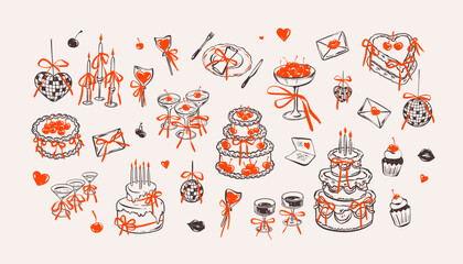 Set of crayon handdrawn birthday celebration dinner design elements. Whimsical coquette sketch doodle drawings. Watercolor desserts for girly feminine bachelorette party, romantic love dinner table