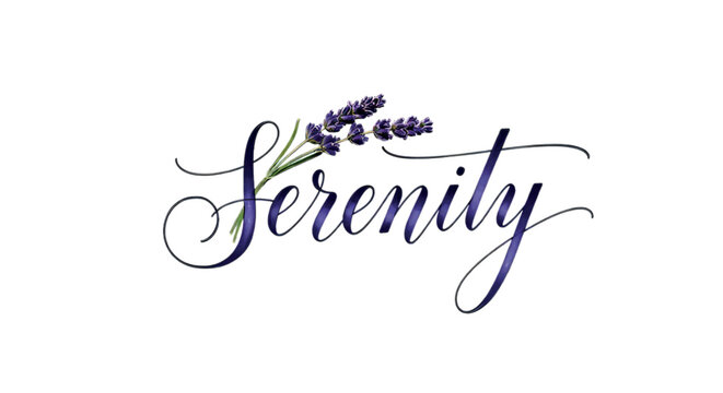Elegant calligraphy spelling 'Serenity' adorned with delicate lavender sprigs.