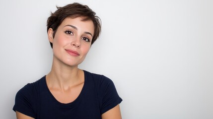 Fototapeta premium Young woman with short brown hair smiling, posing confidently on a simple white background, looking directly at the camera, portraying a sense of optimism and natural beauty