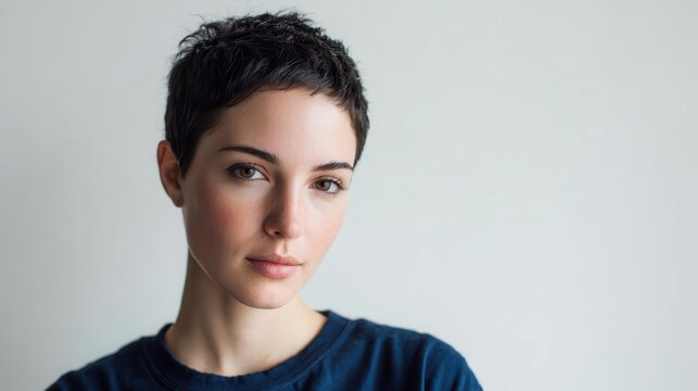 Young woman with a confident pixie cut hairstyle looking directly at the camera, portraying beauty, individuality, natural skin, youth, and modern style against a clean background