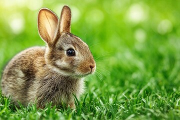 Fototapeta premium Whimsical encounter: the gentle gaze of a garden rabbit. Clear focus. Capturing tranquility: bunny's serene stance amidst bright green. High resolution. Creative poster.