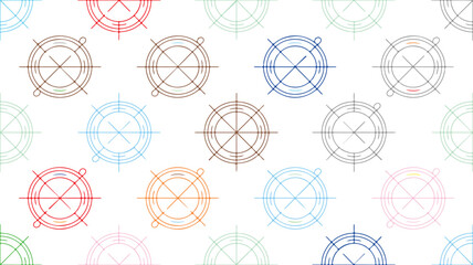 Seamless pattern of colorful abstract circular shapes with intersecting lines on white background