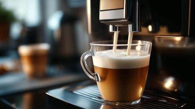 Milk whipped for cappuccino preparation, making coffee by machine into paper cup, latte coming out from automated coffeemaker, beverage drink for breakfast, vending machine