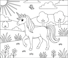 Unicorn coloring page with a cute character jumping over a bright rainbow © Tanay