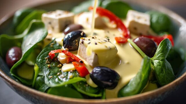 Close up fresh spinach salad with feta cheese and olives