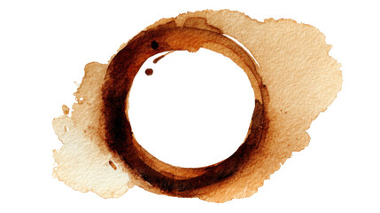 Coffee drink ring stain with brown watercolor texture spreading on textured paper, creating a grunge element effect, isolated on transparent background