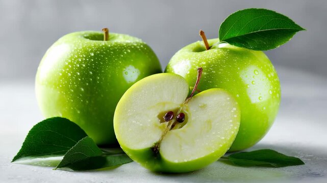 Fresh green apples with cut half and leaves on gray background