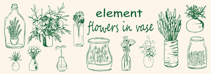 vector various Flowers in vase element set . Hand drawn sketch Flowers in vase set . abstract Flowers in vase elements . Line art set . vector illustration © thisara