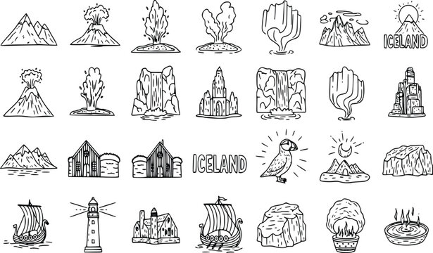 Iceland travel doodle icon set with volcano geyser waterfall puffin and nordic landmarks vector
