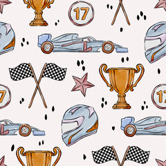 Cotton fabric Watercolor Racing Cars and Trophies Seamless Pattern for Boys Nursery and Kids Apparel Hand Drawn Formula One Style Motorsport Background