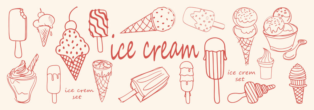 vector set of different ice cream types . line art . ice cream elements set . sketches ice cream art . vector illustration